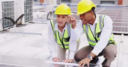 Blueprint, solar energy or engineering people planning construction or photovoltaic roof inspection