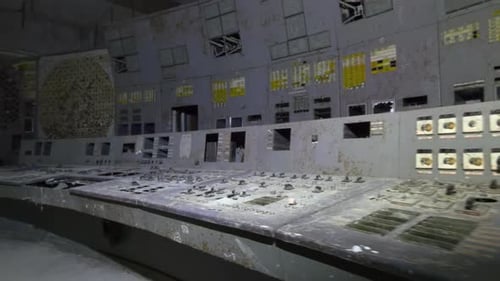 Broken And Dusty Chernobyl Unit 4 Reactor Control Room After The 1986 Disaster In Ukraine. Tracking