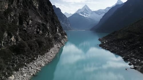 Lake Paron Aerial Drone Above Water Andean Cordillera in Peru Huascaran National Park, Peruvian Hiki