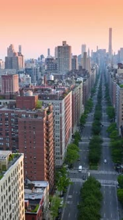 Very long street with greenery on both sides and middle.