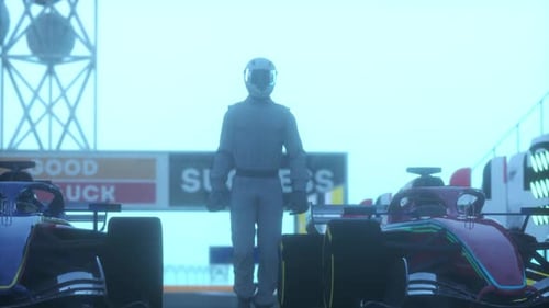 Racing driver pilot walk between two race cars