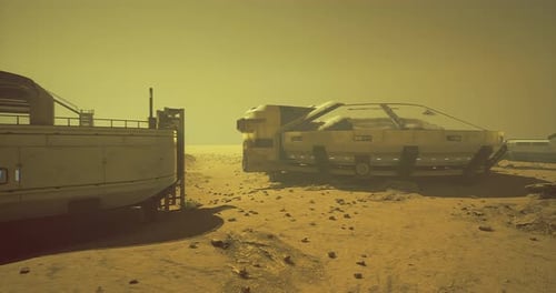 Futuristic Hovercar and Desert Outpost on Alien Planet