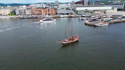 Aerial view of boats in Oslo harbor, Norway.