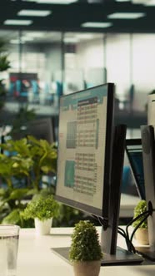 Vertical Video Business Graphs and KPI Metrics on PC Displays in Office