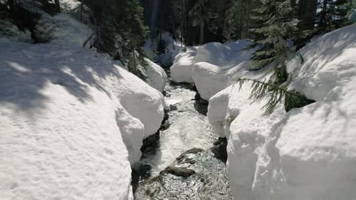 Backwards Aerial Over Pristine Stream In Snowy Mountain Environment