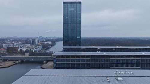 Aerial view of modern buildings on the bank of spree river