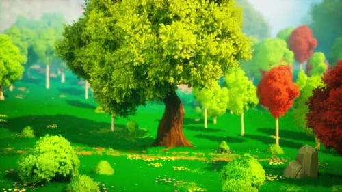 Colorful Cartoon Forest at Sunset
