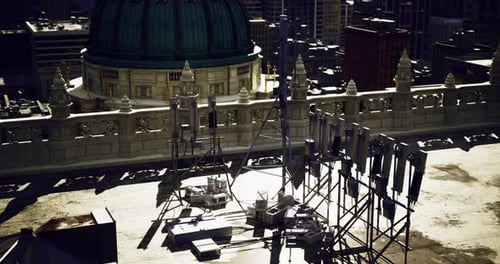 Rooftop View Showcasing Telecommunications Equipment in an Urban Environment