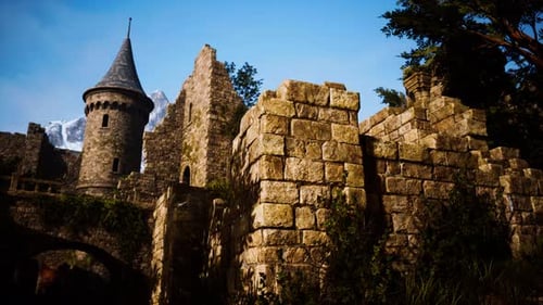 Ancient Castle at Sunrise with Mountains in Background