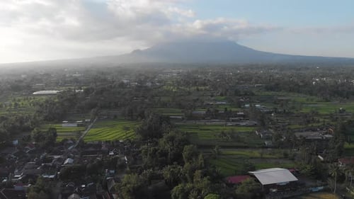 Scenic Rural Landscape with Rice Paddies and Mountain