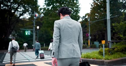 Business man, back and travel in street with briefcase, direction and walking in urban city