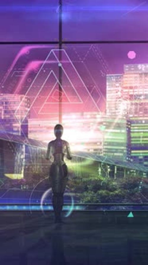 Futuristic Robot Interacting with Abstract UI in Cyberpunk City