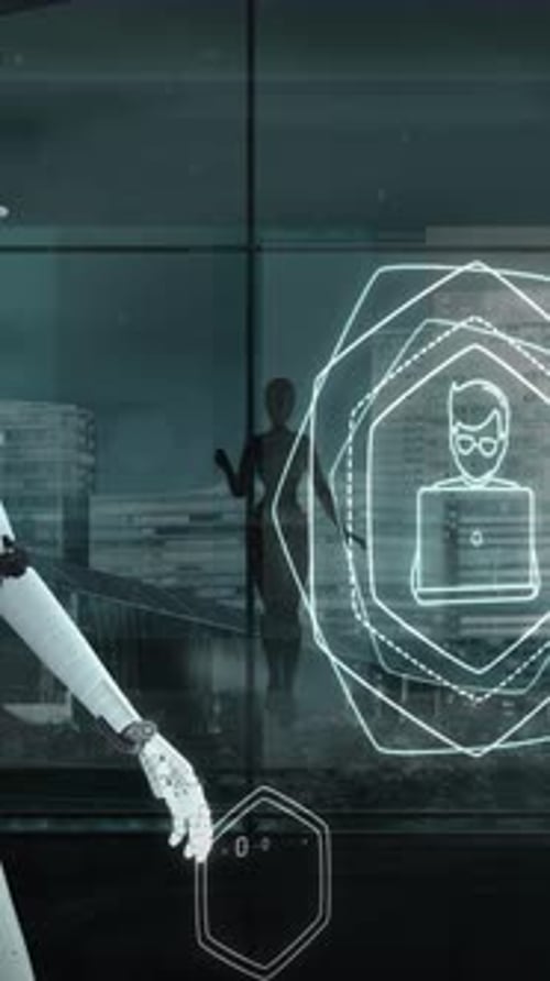 Futuristic Robot Hand Interacting with Holographic Business Icons