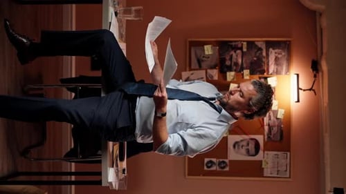 Vertical Video in the Detective's Office Middleaged Investigator in a Shirt and Tie Examines with a