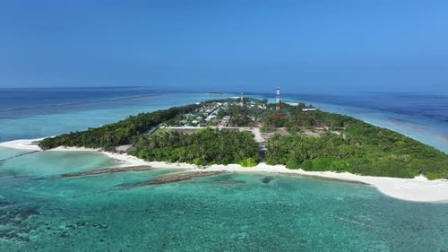 Aerial view of Naavaidhoo Island with tower, Maldives.
