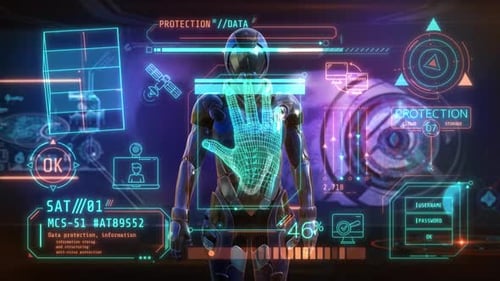 Futuristic Robot Interacting with Digital Data HUD Interface