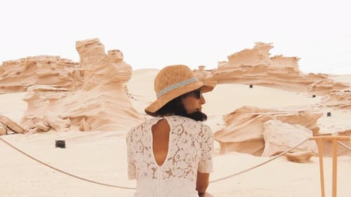 Female Tourist Enjoy Viewsof Fossil Dunes In Uae