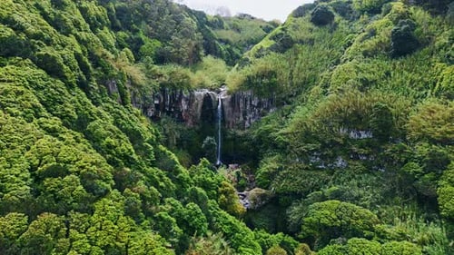 Green Hills Waterfall Nature Drone View Forest Greenery Landscape Falling Water