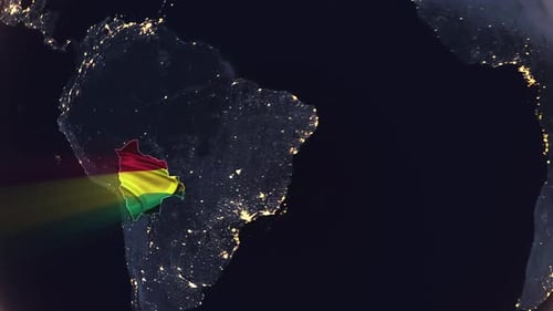 Realistic Digital Earth Night Orbit And Zoom Shining Country Flag Embedded In Borders Bolivia