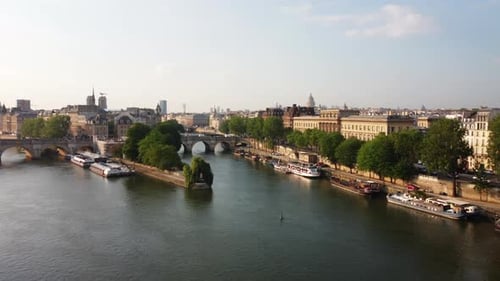Square du Vert Galant and Pont Neuf, Ile de la Cité at Paris. Aerial panoramic view