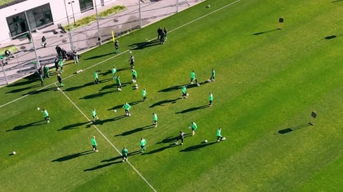 Soccer Training Drills From Above Aerial Shot of Soccer Players in Green Uniforms Performing