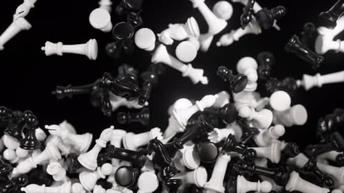 White and Black Chess Pieces are Falling and Accumulating on a Black Background Creating a Dynamic