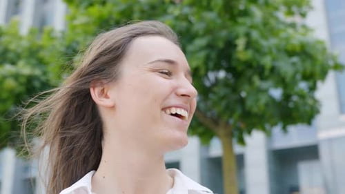 Joyful Brunette Baltic Girl Smiling, Urban Close-Up