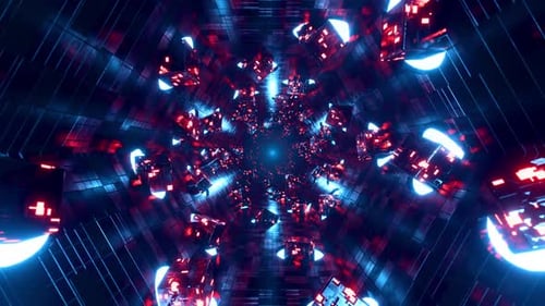 Futuristische Raumschiff-Korridorschleife mit fliegenden Technikwürfeln und hellblauer Neonbeleuchtung