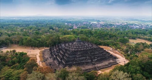 Aerial view drone hyper lapse. Borobudur temple in Java island, Indonesia.