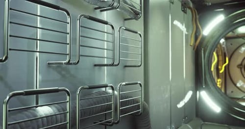 Intérieur d'un module de la Station spatiale internationale avec des structures de stockage