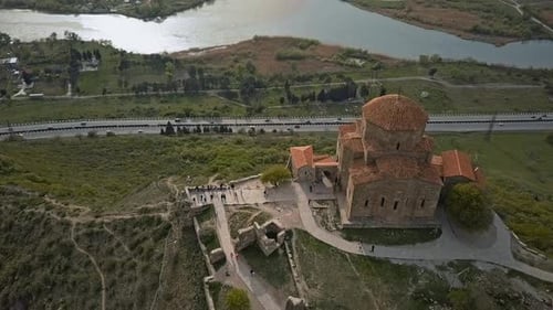 Aerial overview on Mtskheta, at the confluence of the Kura and Aragvi rivers. Beautiful autumn natur