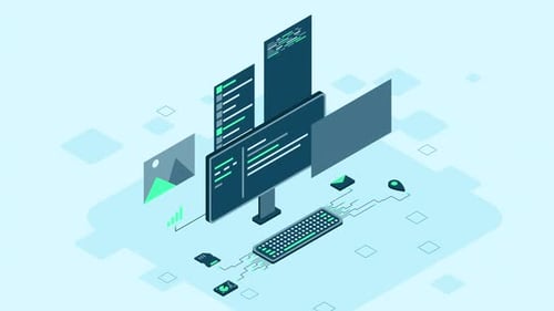 Computadora de escritorio isométrica. Tecnología de programación de codificación. Concepto de programación. Animación tecnológica