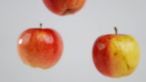 Nahaufnahme Drei reife rote gelbe Äpfel drehen sich auf weißem Hintergrund Köstliche Vitaminfrüchte, die rotieren