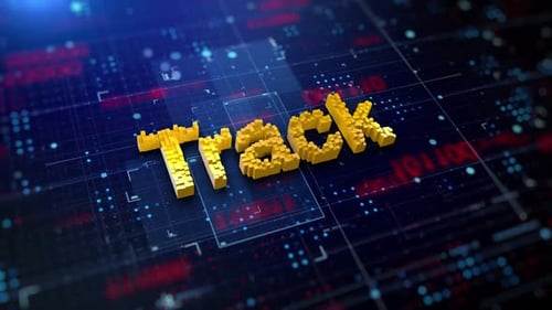 Animated Voxel Track Text with Sci-Fi Grid Background