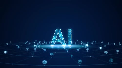 Futuristic AI Text Reveal with Digital Network and Glowing Icons