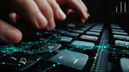 Concept d'analyse de données futuriste avec les mains sur le clavier entouré de graphiques, de tableaux et de réseaux numériques