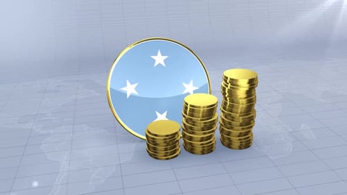 Micronesia Flag With Plain Gold Coins Tower