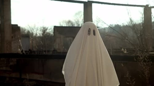 Ghost Covered in Sheet Standing in Abandoned Building