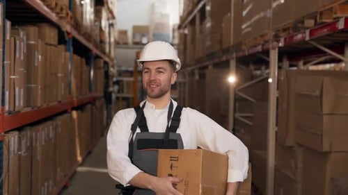 Ein gutaussehender Mann mit Helm und Arbeitsuniform geht mit einer Pappschachtel in der Hand durch ein Lagerhaus