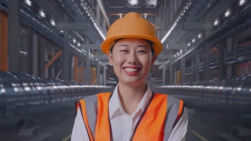 Close Up Of Asian Female Engineer Crossing Her Arms And Smiling To Camera With Metal Pipes