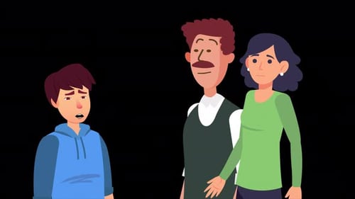 2D Cartoon Animation of a Sad Boy with His Parents