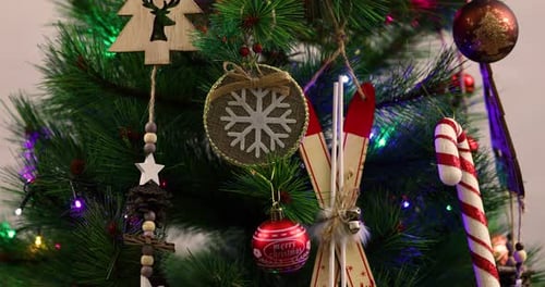 Christmas Tree Decorations with Twinkling Lights Close Up