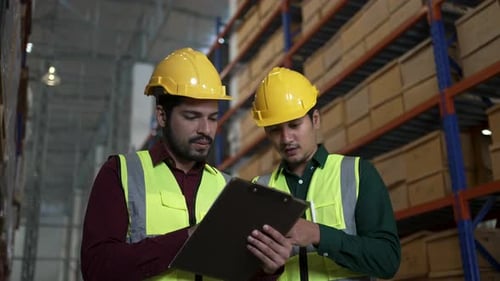 Blue collar workers are working at warehouse.