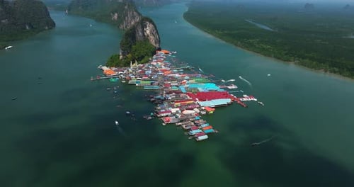 Aerial View Of Koh Panyee Traditional Fishing Village In The Phang Nga Bay In Southern Thailand.