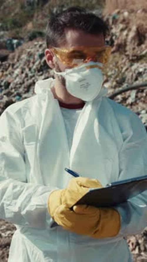A Scientist in Protective Gear is Taking Notes While Conducting Field Research During Exploration
