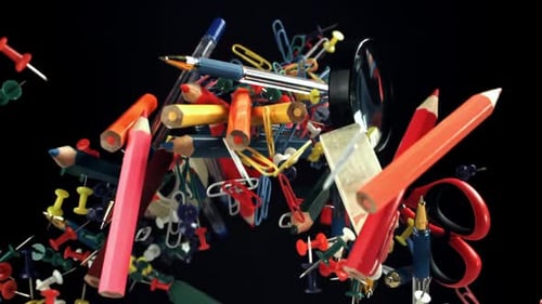 Different School Tools Fly Up and Down Back to School Filmed on a Highspeed Camera at 1000 Fps