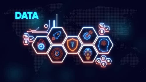 Futuristic Data Concept with Glowing Neon Hexagon Icons