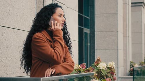 Serious Caucasian Hispanic Girl Lady Female Woman Businesswoman Walking Go to Balcony at Home Office