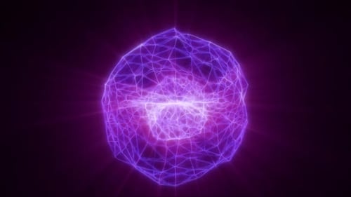 Leuchtende violette abstrakte Kugel mit hellem geometrischem Neonnetzwerk, das eine lebendige futuristische Atmosphäre erzeugt