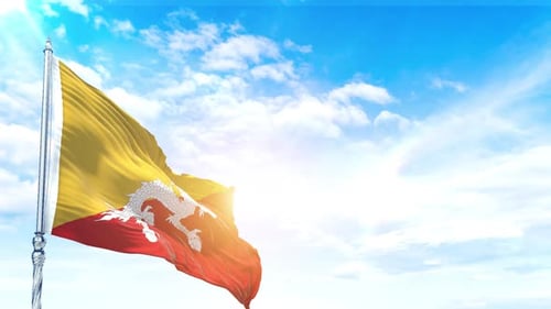 Animated Bhutan Flag Waving in Clear Blue Sky